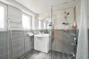 a bathroom with a shower and a sink and a toilet at Maison pour 8 dans le centre de Plouguerneau in Plouguerneau +8 photos