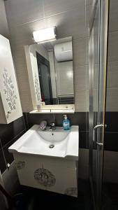 un bagno con un lavandino bianco e uno specchio di Двустаен апартамент ad Ahtopol