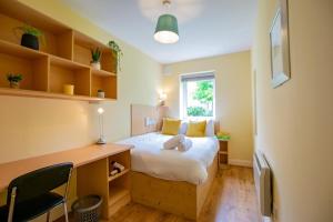 a bedroom with a bed and a desk and a window at 131 - Spacious 2 Bed Apt with Parking in Galway