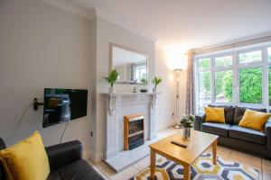 a living room with a couch and a fireplace at 131 - Spacious 2 Bed Apt with Parking in Galway