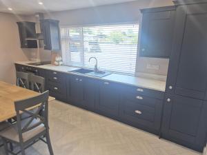 a kitchen with blue cabinets and a sink and a table at Main Street Blackrock in Sandymount