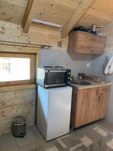 a small kitchen with a microwave and a refrigerator at Wooden Corner in Kolašin