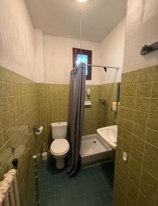 a bathroom with a toilet and a tub and a sink at Hôtel - Pub Le Petit Bosquet in Santo-Pietro-di-Venaco +29 photos