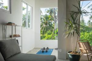 ゼネラル・ルナにあるSpacious Family Home in General Luna Center with Wi-Fi, AC and Generatorのリビングルーム(ソファ、鉢植え付)