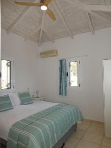 ein Schlafzimmer mit einem Bett und zwei Fenstern in der Unterkunft Villa Petros, Vassiliki, Lefkada - 3 bedrooms, pool, stunning views in Póndi