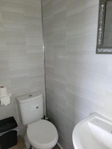 a bathroom with a white toilet and a sink at Maydene Hotel in Blackpool