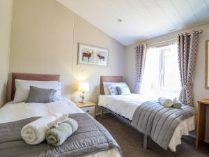 a bedroom with two beds and a window at The Owlet in Llanidloes
