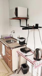 a small kitchen with a sink and a microwave at Recanto do Sossego II - Sheriff's House in Santa Cruz do Sul