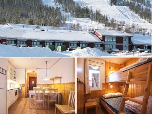 a ski lodge with a dining room and a kitchen and a living room at Stöten Mitt Lägenheter in Sälen