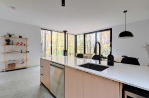 a kitchen with a sink and some windows at Chalet Black Box in Mansonville