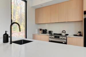 a kitchen with a sink and a stove top oven at Chalet Black Box in Mansonville