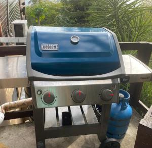 ein blau-silberner Grill neben einem Hydranten in der Unterkunft Treehouse Hideaway Villa II - Amazing Piton Views in Soufrière
