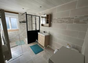 Huisseau-sur-CossonにあるGîte La Petite Maisonのシャワー、洗面台、鏡を備えたバスルーム