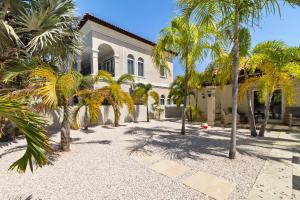 a house with palm trees in front of it at Upscale Ocean View Villa with Pool Outdoor Kitchen in Palm-Eagle Beach