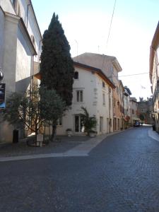 a cobblestone street with a tree and a building at Ca' Ottocento in Lazise