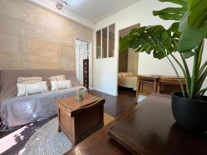 a living room with a couch and a potted plant at L'escale Niortaise - Centre-ville - 10mn Gare - WIFI - Netflix in Niort