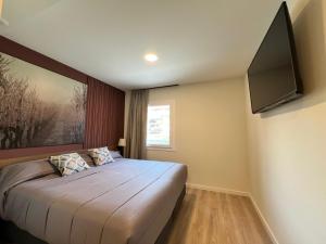 a bedroom with a large bed and a flat screen tv at Iraipe Haro Auto Check-in in Haro