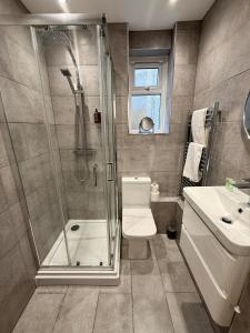a bathroom with a shower and a toilet and a sink at Beautiful City Centre Apartment With Garden in Cardiff