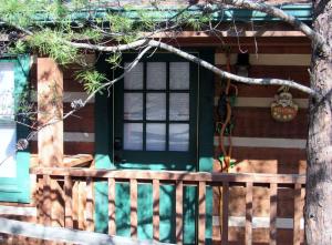 une maison avec une porte verte sur un porche dans l'établissement View! Cozy, Private, Fireplace, Hot Tub Log Cabin, Honeymoon!, à Sevierville 25 autres photos