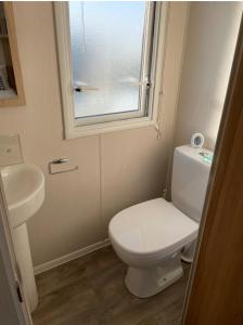 a bathroom with a toilet and a sink and a window at Willerby lamberhurst in Westgate on Sea