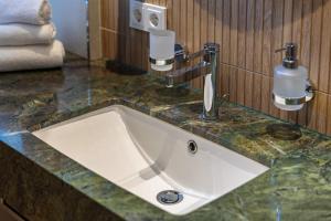 a sink in a bathroom with a counter at Hafendomicil Citymarina in Waren +11 photos
