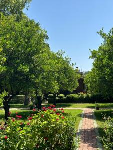 a garden with red flowers and trees and a brick path at Ceylan Bungalow in Cıralı