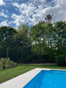 a blue swimming pool in a yard with trees at Casa da Ribeira do Círio in Seia