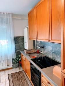 a kitchen with wooden cabinets and a sink at Apartman Tina in Zagreb