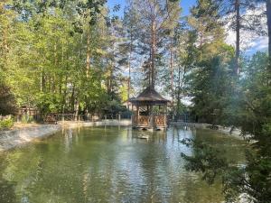 a gazebo in the middle of a pond at Ethno Complex Ukrayinske Selo in Buzovaya