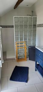a bathroom with a sink and a shower with glass shelves at Gîte du Lavoir in Préaux +10 photos