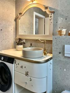 ein Badezimmer mit Waschbecken und Waschmaschine in der Unterkunft Bridge Apartments- STUDIO 3 in Besenic
