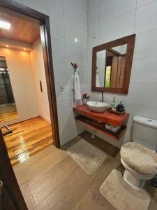 a bathroom with a toilet and a sink and a mirror at Cabana com visual incrível para a Serra in Timbe do Sul
