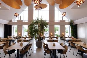 restauracja ze stołami i krzesłami oraz dużymi oknami w obiekcie Hotel Junior w Krakowie