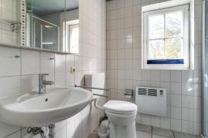 une salle de bain blanche avec un lavabo et des toilettes dans l'établissement Auszeit unter Reet, à Böhl 10 autres photos