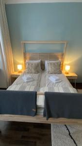 a bedroom with a large bed with two lamps on tables at Enjoy Wien in Vienna