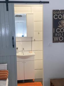 a bathroom with a sink and a mirror at Apartman Zeljka in Pula