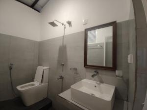 ein Badezimmer mit Waschbecken, Toilette und Spiegel in der Unterkunft Chandra Holiday Home in Dikwella