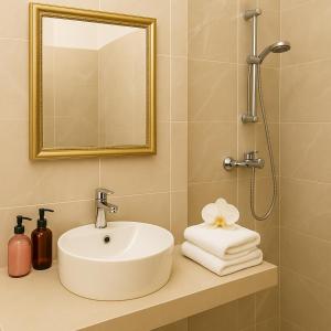 a bathroom with a sink and a shower with a mirror at Metropolis B2 -Γοητευτική Σουίτα in Athens