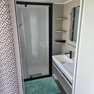 a bathroom with a shower and a sink and a mirror at Mobil-home les pieds dans l'eau camping LES DUNES 5"'" in Torreilles
