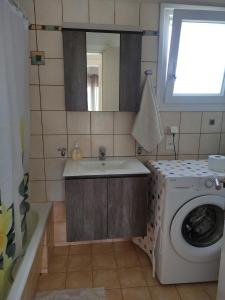a bathroom with a washing machine and a sink at Pera Horio House in Apérathos