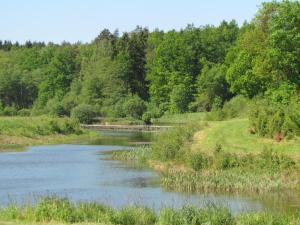 a river with a bridge in the middle at Gościniec Syty Lis Agroturystyka in Starnice