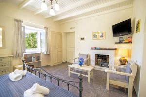 un salon avec un lit et une cheminée dans l'établissement Villa Petroula by Villa Plus, à Ágios Stéfanos