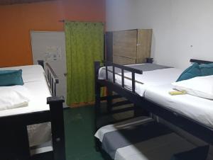 a room with two bunk beds and a green door at Hostal BioHotel Caribe Green in Santa Marta