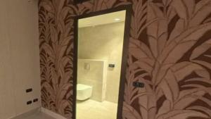 a bathroom with a mirror and a toilet in a room at Metro Hotel Herzliya in Herzliyya B