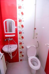 a red and white bathroom with a toilet and a sink at Hostel Shatrata in Bogomilovo