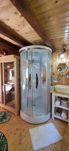 ein Zimmer mit einer großen Dusche in einem Zimmer in der Unterkunft Studio dorința in Deva + 31 Fotos