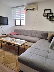a living room with a couch and a coffee table at Kuća za odmor Sara in Čortanovci