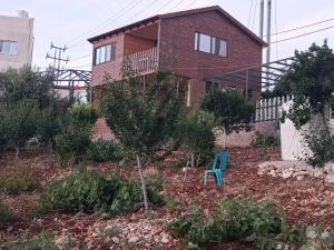 a house with a blue chair in a garden at أكواخ وشقق عبين السياحيه in ‘Ibbīn