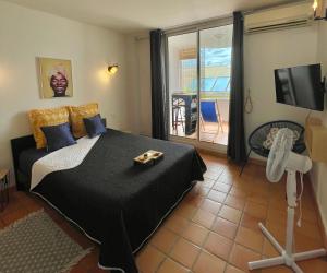 a bedroom with a bed and a television and a balcony at Lever du soleil in La Trinité