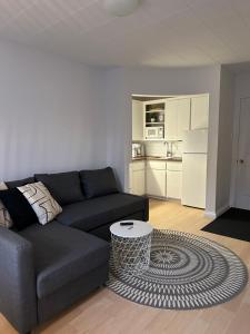 a living room with a couch and a table at Petit hôtel Limoilou Studio B - Cozy et central in Quebec City